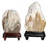 Two Monumental Scholar Stones with 石雕“泰山秋韵”和“云山傲骨”清供两件，大小分别为36*25英寸和29*22英寸，中国
