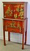 Asian Red Lacquered Decorated Drop Front Cabinet.