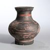 Small Painted Stoneware Jar 黑底红卷纹小陶罐，高7.375英寸，中国