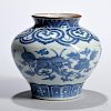 Small Blue and White Jar 麒麟缠枝花纹青花撇口球形小罐，高5英寸，中国明代