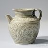 Celadon-glazed Stoneware Ewer 阴刻缠枝莲花青瓷粗陶壶，高5.25英寸，中国耀州窑