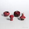 Four Small and Miniature Flambe-glazed Items 铜红釉小花瓶4只,高1.875-3英寸,直径3.25-3.375英寸,康熙款
