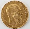 1865 Belgium 20 Franc Gold Piece