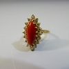 STUNNING 14K GOLD RED CORAL AND DIAMOND RING - 4 GRAMS