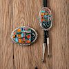 Frank Yellowhorse (Dine, 20th century) Inlaid Sterling Silver Bolo Tie and Buckle Set with Night Scene