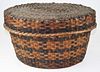 late 19th c Eastern Woodlands covered basket, probably Central Massachusetts, dia 19.5”, ht 10.5”, minor losses
