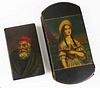 early 19th c lacquered pocket box with a hand painted portrait of a young woman on the lid, sold with an early 19th c lacquer