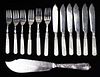 ornate silverplated fish slice and 12 mother of pearl handled forks and knives 12", 8", 6"