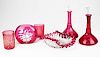 lot of 6 pcs of Victorian cranberry glass incl pair of cut decanters and ruffled bowl- decanter stopper replaced