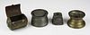 early 19th c pewter ink wells, tin match safe (4 pcs)