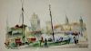 Mid Century European watercolor signed Suisnier "La Rochelle" boats in the harbor 9 x 13"