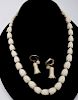 Hakusui Carved Ivory Flower Necklace w/Earrings