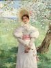 George Henry Boughton (American, 1833-1905)      Young Woman in White Beneath Flowering Branches