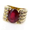 Vintage Approx. 4.50 Carat Oval Cut Ruby, 1.0 Carat Round Brilliant Cut Diamond and 14 Karat Yellow Gold Ring
