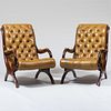 Pair of Regency Style Mahogany and Tufted Leather Armchairs