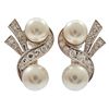 Pair of Cultured Pearl, Diamond, 14k White Gold Ear Clips