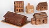 Five log cabin models, 20th c., the largest with a