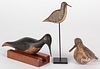 Three carved and painted shorebird decoys, longest