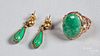 14K gold and jade ring and pair of earring