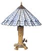 Vintage Spelter Lamp w Blue Glass Shade