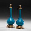 Pair of Turquoise Long Neck Porcelain Vases with Gilt Mounts 
