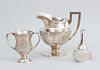 GORHAM STERLING SILVER OCTAGONAL URN-FORM WATER PITCHER, A STERLING SILVER TWO-HANDLED CUP AND A STERLING SILVER BOTTLE-FORM VASE
