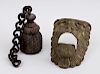 RENAISSANCE STYLE LION HEAD MOUNT AND A CAST-IRON GATE WEIGHT