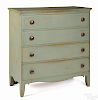 New England painted pine blanket chest, early 19th c., retaining a later teal swirl decoration