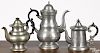Three American pewter coffee/teapots, 19th c., to include Boardman & Hart, Morey & Ober