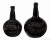 Two engraved dark amber bottles, 19th c., the first engraved Will & Ann Allan above a ship
