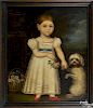 American oil on canvas folk portrait, ca. 1840, of a girl and dog, 30'' x 25''.