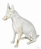 Painted cast iron dog garden ornament, late 19th c., retaining a old white surface, 23'' h.