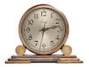 * An Art Deco Brass Desk Clock Height 4 7/8 x width 6 3/8 x depth 2 1/4 inches.