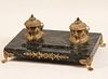 FRENCH REGENCY STYLE GILT BRONZE AND MARBLE DOUBLE INKWELL