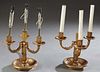 Pair of Brass Three Light Candelabra Lamps, 20th c., the three relief leaf form arched arms emanating from a reeded support, topped by fletching, on a