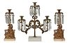 American Gilt Bronze and Marble Girandole Set , 19th c., with a palm tree supporting the three candle cups hung with button and spear prisms, on a rec
