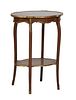French Louis XV Style Ormolu Mounted Marquetry Inlaid walnut Side Table, early 20th c., the brass bound tortoise top on four cabriole legs joined by a