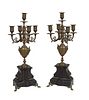 Pair of French Bronze and Black Marble Six Light Candelabra, 19th c., with a central arm with a candle cup and bobeche, flanked by five curved arms wi