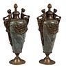 Pair of Bronze Mounted Marble Garniture Urns, 20th c., of tapering form with an artichoke handled lid over figural female handles and patinated bronze