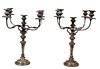 Pair of English Silverplate on Copper Georgian Style Five Light Candelabra, 19th c., with gadrooned candle cups and bobeches on scrolled relief decora