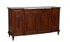 French Louis XVI Style Carved Walnut Marble Top Sideboard, 20th c., the highly figured inset white center marble over two center frieze drawers over s