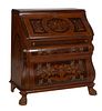 French Marquetry Inlaid Carved Walnut Secretary Commode, 20th c., the stepped rectangular top over a slant front desk fitted with 8 drawers, open stor