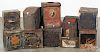 Ten tin advertising store bins, ca. 1900, tallest - 12 1/2''. Provenance: Barbara Hood