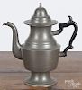 Westbrook Maine pewter coffee pot, ca. 1840, bearing the touch of Rufus Dunham, 11 3/4'' h.