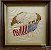 Patriotic embroidery of an eagle and American flag, ca. 1900, 18'' x 18''.