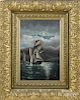Pair of American oil on board primitive seascapes, late 19th c., 18'' x 12''.
