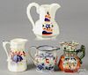 Mason's ironstone chinoiserie creamer, 19th c., 4 1/4'' h., together with three Gaudy Welsh creamers.