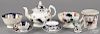 Nine pieces of Gaudy Welsh in the Basket of Flowers pattern, to include a flower pot, a teapot