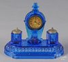 Parker & Whipple Co. pressed cobalt glass desk clock, early 20th c., with two inkwells, 7'' h.