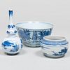 Two Chinese Blue and White Porcelain Bottle Vases and Two Blue and White Bowls